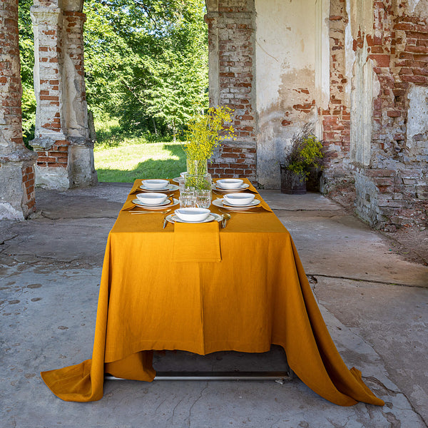 Amber yellow linen tablecloth would give your dining area a new character and style. Our linen tablecloths are made from the highest quality European linen and are designed for a long lasting.