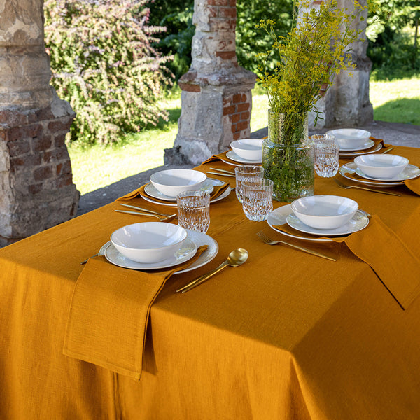 Amber yellow linen tablecloth would give your dining area a new character and style. Our linen tablecloths are made from the highest quality European linen and are designed for a long lasting.