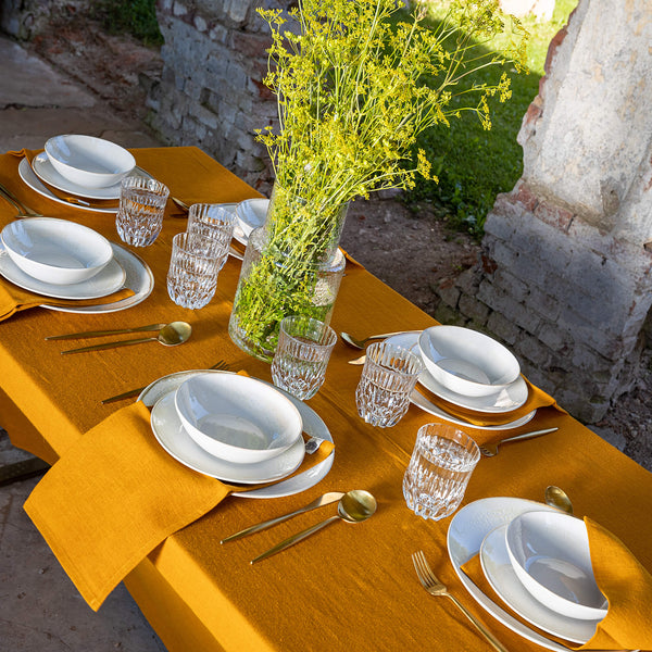 Amber yellow linen tablecloth would give your dining area a new character and style. Our linen tablecloths are made from the highest quality European linen and are designed for a long lasting.