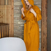 Immerse yourself in our amber yellow linen bathrobe and enjoy the exceptional comfort and elegance, breathability of natural linen. Our linen bathrobe is designed and crafted with exceptional attention to detail, fabric and long-lasting practicality.
