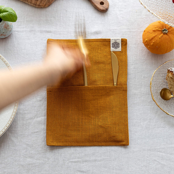 Amber Yellow linen cutlery holder will make your table setting look neat and tidy. Decorative cutlery pouch can be paired with table napkins or other table linens, mixed or matched.