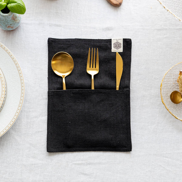 Black linen cutlery holder will make your table setting look neat and tidy. Decorative cutlery pouch can be paired with table napkins or other table linens, mixed or matched.