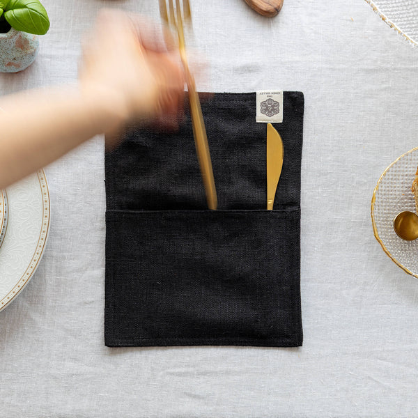 Black linen cutlery holder will make your table setting look neat and tidy. Decorative cutlery pouch can be paired with table napkins or other table linens, mixed or matched.