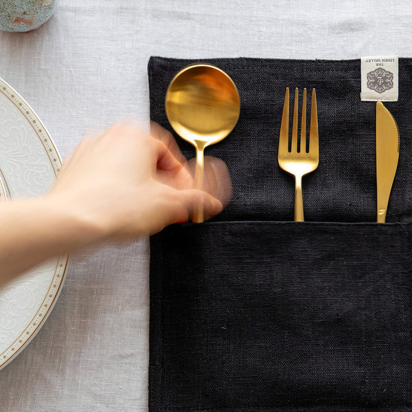 Black linen cutlery holder will make your table setting look neat and tidy. Decorative cutlery pouch can be paired with table napkins or other table linens, mixed or matched.