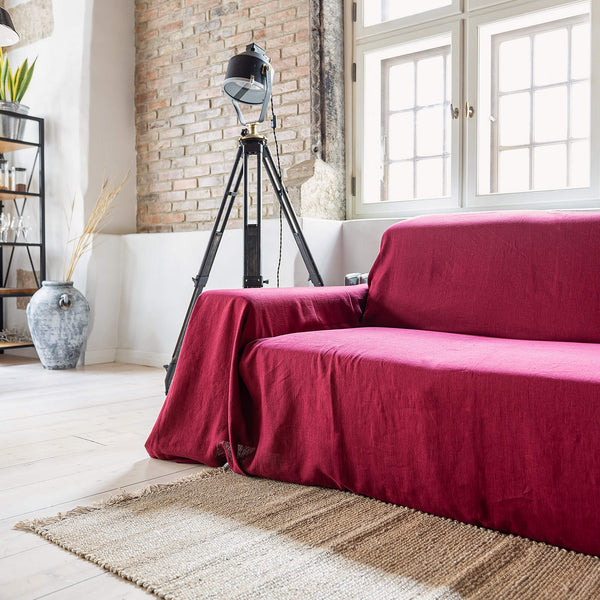 Burgundy red colour for your couch cover not only offers protection but also brings a timeless elegance to your home interior. Linen, known for its strength, is an excellent material choice for safeguarding your sofa against regular wear and tear.