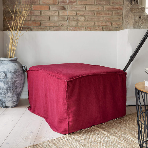Introducing our new unbleached burgundy red linen ottoman cover – the ultimate solution for giving your ottoman a fresh look and upgrading your interior effortlessly.