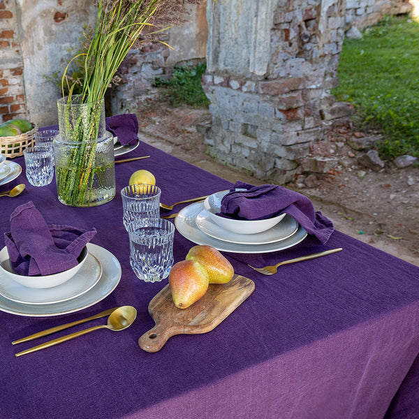 Deep purple linen tablecloth would give your dining area a new character and style. Our linen tablecloths are made from the highest quality European linen and are designed for a long lasting.
