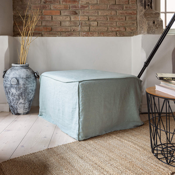 Introducing our new duck egg blue linen ottoman cover – the ultimate solution for giving your ottoman a fresh look and upgrading your interior effortlessly.