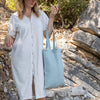 Duck egg blue linen canvas bags designed and made for long, comfortable and sustainable use. Whether you're going to the beach, planning a visit to the organic market, or taking your baked cake to friends, our linen bag is always perfect for you.