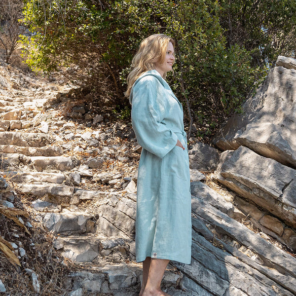 Wrap yourself in our duck egg blue linen bathrobe and enjoy the exceptional comfort, elegance and breathability of natural linen. Our linen bathrobe is designed and crafted with exceptional attention to details.