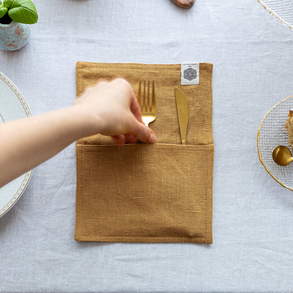 Dusty mustard linen cutlery holder will make your table setting look neat and tidy. Decorative cutlery pouch can be paired with table napkins or other table linens, mixed or matched.