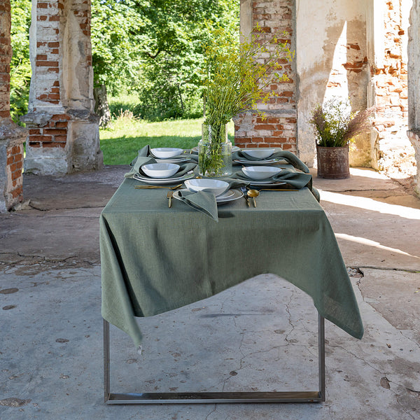 Moss green linen tablecloth would give your dining area a new character and style. Our linen tablecloths are made from the highest quality European linen and are designed for a long lasting.