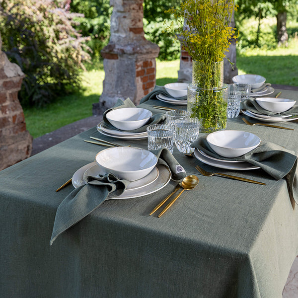 Moss green linen tablecloth would give your dining area a new character and style. Our linen tablecloths are made from the highest quality European linen and are designed for a long lasting.