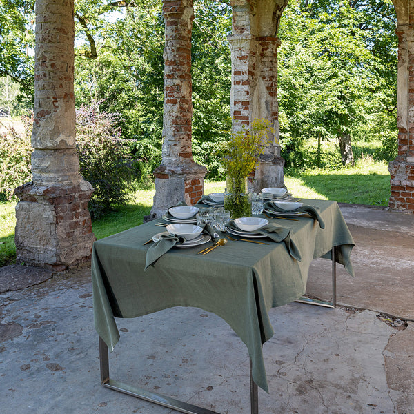 Moss green linen tablecloth would give your dining area a new character and style. Our linen tablecloths are made from the highest quality European linen and are designed for a long lasting.