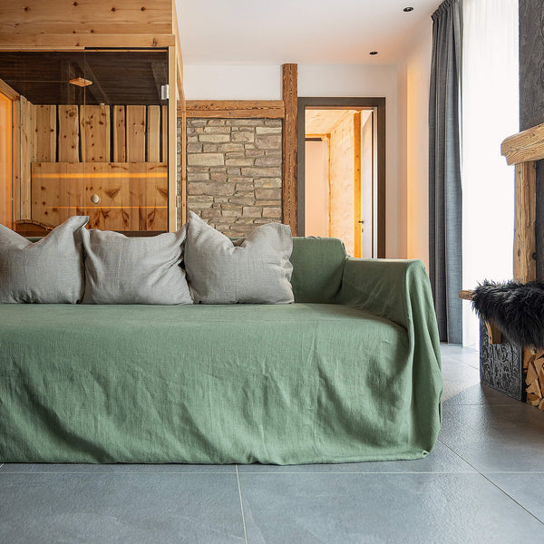 Upgrade your sofa with ease and elegance – transform your home today with our moss green linen couch cover. Linen cover serves as an ideal safeguard against the playful antics of your beloved pets, preserving your couch for years to come.