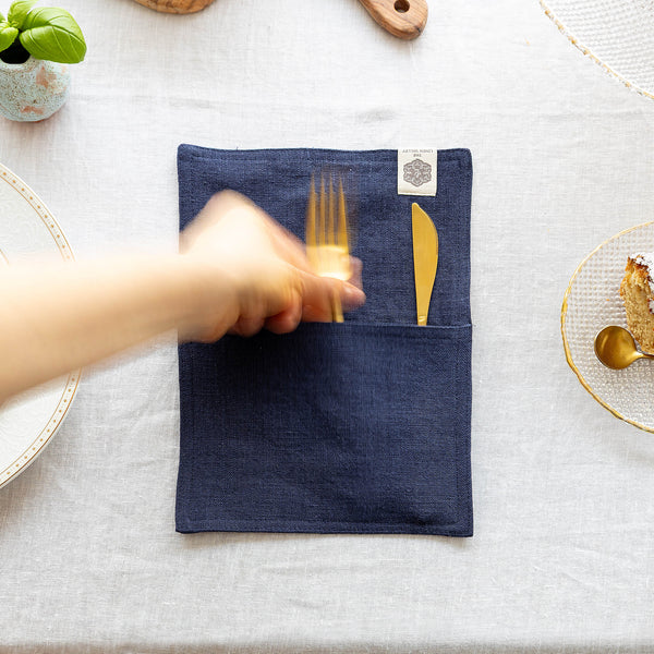 Navy Blue linen cutlery holder will make your table setting look neat and tidy. Decorative cutlery pouch can be paired with table napkins or other table linens, mixed or matched.