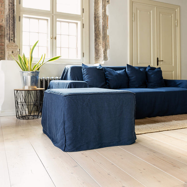 Our new navy blue linen ottoman cover – the ultimate solution for giving your ottoman a fresh look and upgrading your interior effortlessly. Crafted with care, our ottoman cover is made from high quality linens, available in a range of colours.