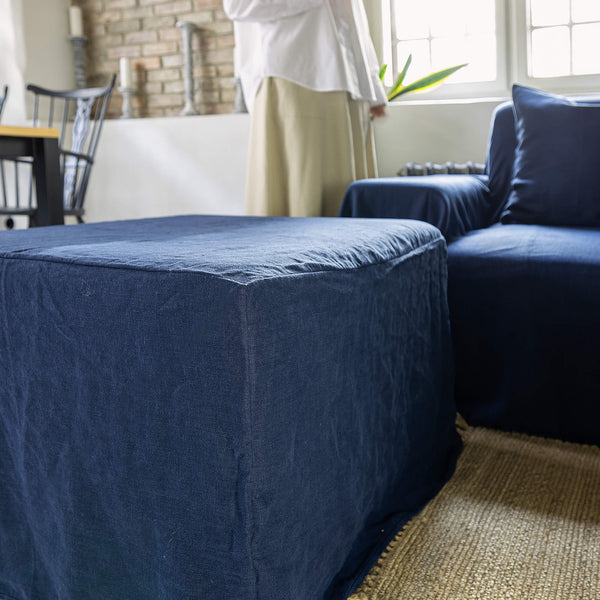 Our new navy blue linen ottoman cover – the ultimate solution for giving your ottoman a fresh look and upgrading your interior effortlessly. Crafted with care, our ottoman cover is made from high quality linens, available in a range of colours.
