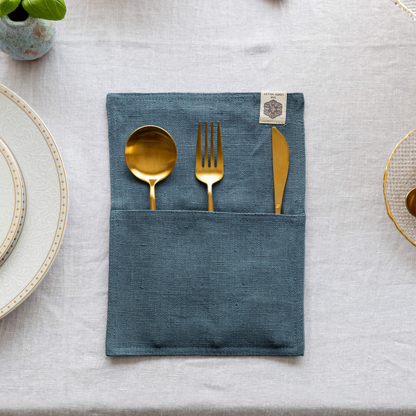 Ocean Blue linen cutlery holder will make your table setting look neat and tidy. Decorative cutlery pouch can be paired with table napkins or other table linens, mixed or matched.