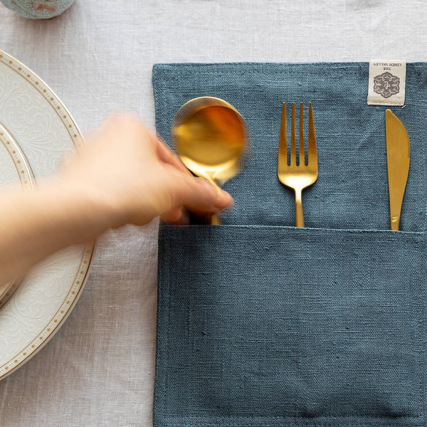 Ocean Blue linen cutlery holder will make your table setting look neat and tidy. Decorative cutlery pouch can be paired with table napkins or other table linens, mixed or matched.