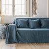 Ocean blue linen couch cover designed and crafted to elevate your interior with a fresh look and great energy. It offers a practical solution for safeguarding your furniture against the playful antics of your beloved pets.