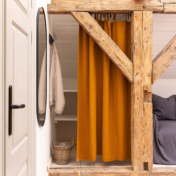 Our tie top amber yellow linen curtains are designed and made to give your home unique and timeless charm. Linen curtains would complement interiors from minimalistic, Scandinavian or modern to Mediterranean or classical style.