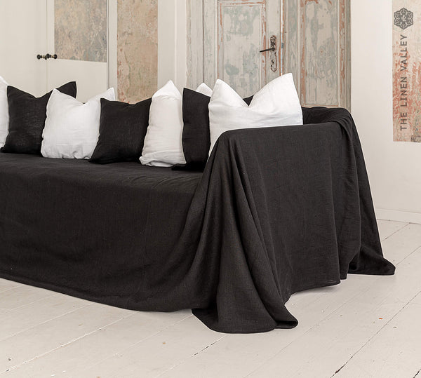 BLACK heavier weight linen couch cover. Jet black linen slipcover.