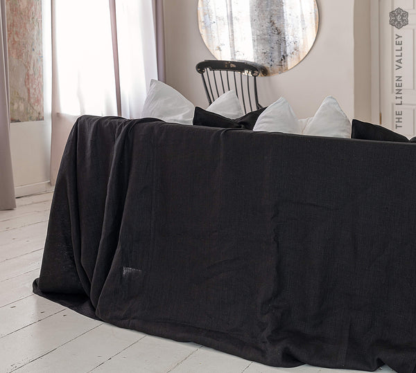 BLACK heavier weight linen couch cover. Jet black linen slipcover.