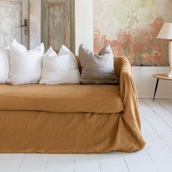Natural and simple to maintain, dusty mustard linen cover promises both comfort and convenience. Linen cover serves as an ideal safeguard against the playful antics of your beloved pets, preserving your couch for years to come.