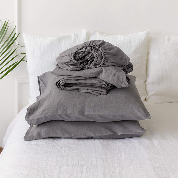 Charcoal grey linen sheets will grant luxurious comfort and will give your bed new elegant look.Crafted to elevate your sleeping experience, each set includes soft fitted sheet, a flat sheet and two pillowcases.