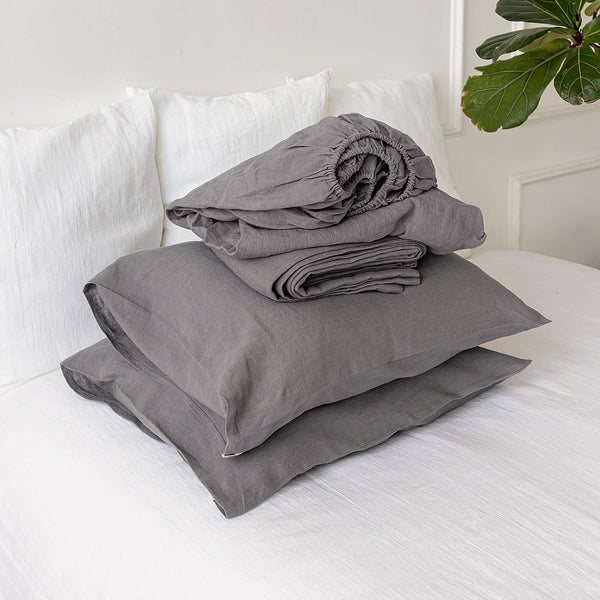 Charcoal grey linen sheets will grant luxurious comfort and will give your bed new elegant look.Crafted to elevate your sleeping experience, each set includes soft fitted sheet, a flat sheet and two pillowcases.