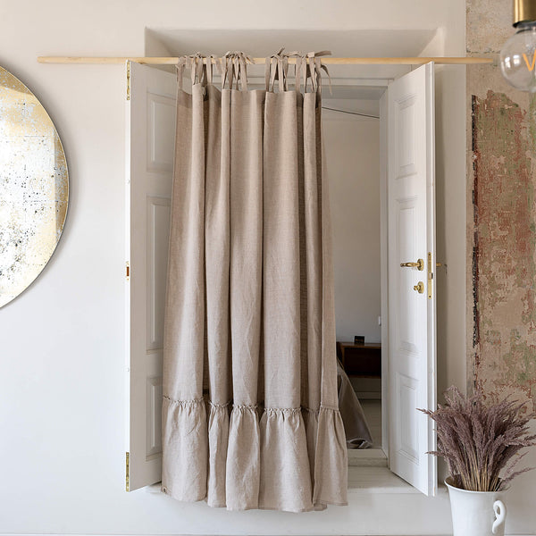 Our tie top natural unbleached linen curtains with ruffles are designed and made to give your home unique and timeless charm. Linen curtains would complement interiors from minimalistic, Scandinavian or modern to Mediterranean or classical style.