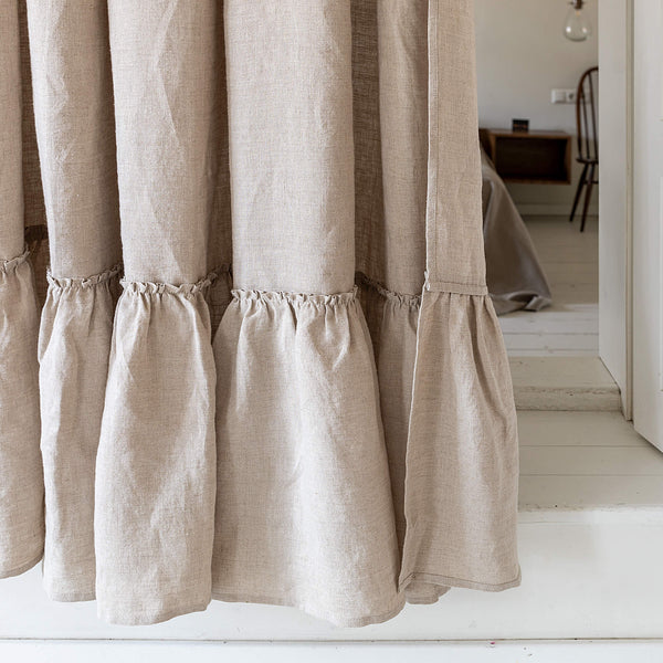 Our tie top natural unbleached linen curtains with ruffles are designed and made to give your home unique and timeless charm. Linen curtains would complement interiors from minimalistic, Scandinavian or modern to Mediterranean or classical style.