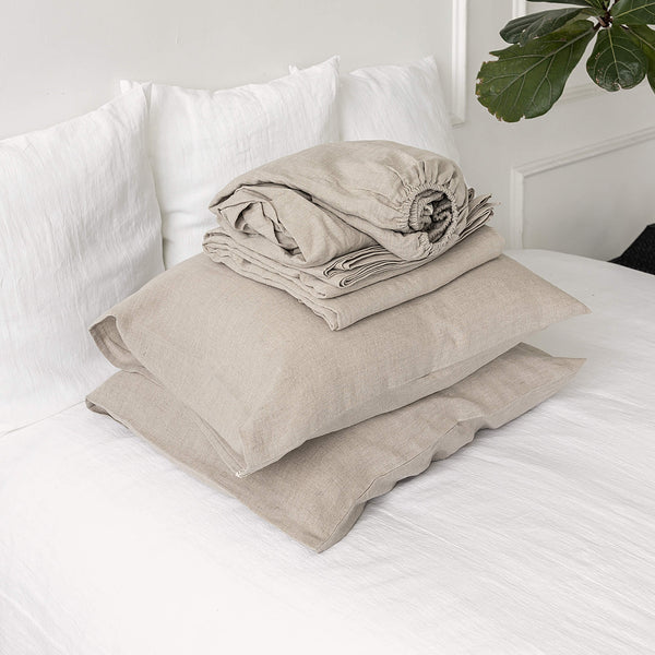 Crafted from premium-quality natural linen, each set includes a sumptuously soft fitted sheet, a generously sized flat sheet, and two pillowcases of your preference, allowing you to tailor your bedding to your personal taste.