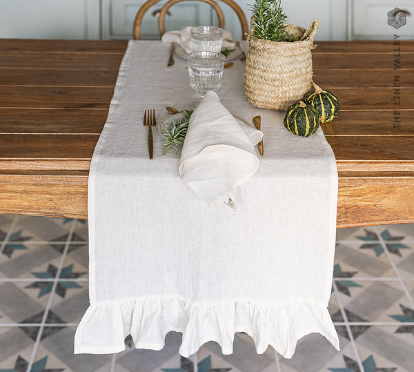Bright White Linen Table Runner With Ruffle