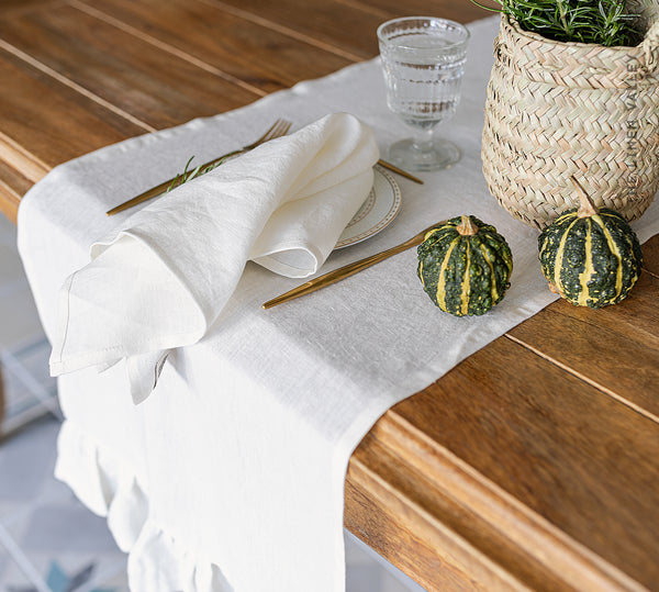 Bright White Linen Table Runner With Ruffle