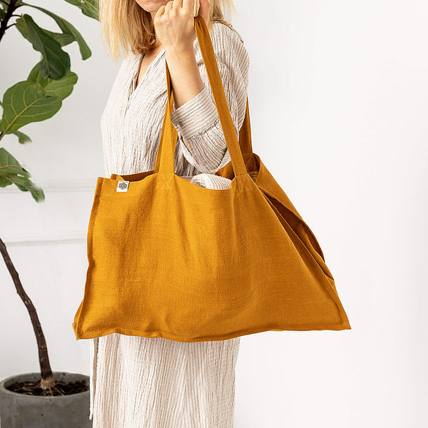 Amber yellow linen tote bags designed and made for long, comfortable and sustainable use.