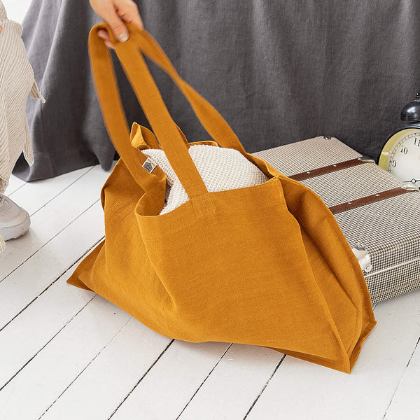Amber yellow linen tote bags designed and made for long, comfortable and sustainable use.