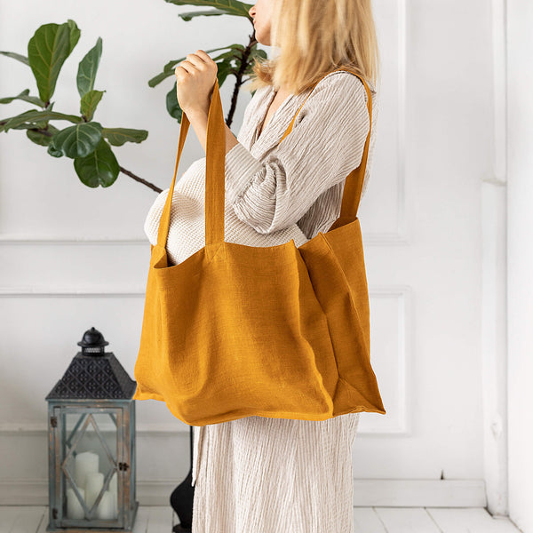 Amber yellow linen tote bags designed and made for long, comfortable and sustainable use.