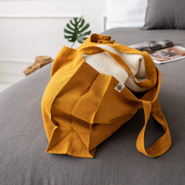 Amber yellow linen tote bags designed and made for long, comfortable and sustainable use.