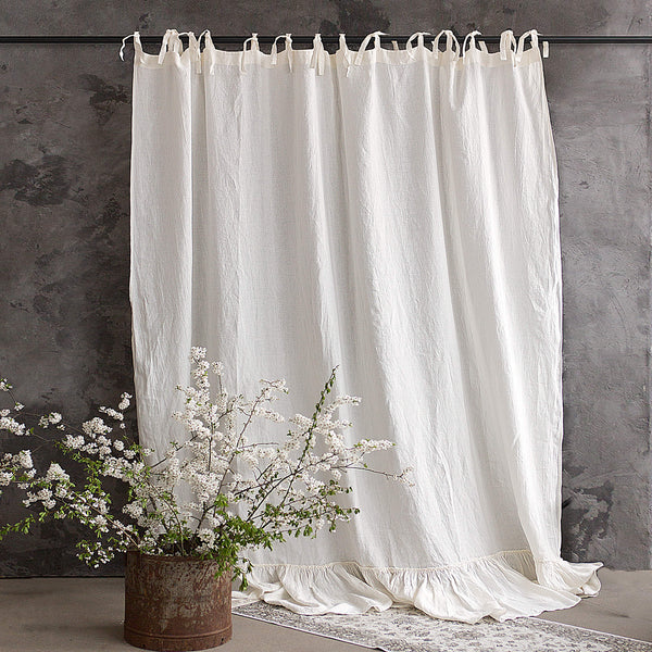 Our tie top off white linen curtains with ruffles are designed and made to give your home unique and timeless charm. We pay special attention to details, all linen curtains are crafted in Lithuania, Europe.