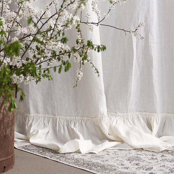 Our tie top off white linen curtains with ruffles are designed and made to give your home unique and timeless charm. We pay special attention to details, all linen curtains are crafted in Lithuania, Europe.