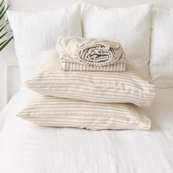 Striped linen sheets will grant luxurious comfort and will give your bed new elegant look.Crafted to elevate your sleeping experience, each set includes soft fitted sheet, a flat sheet and two pillowcases.