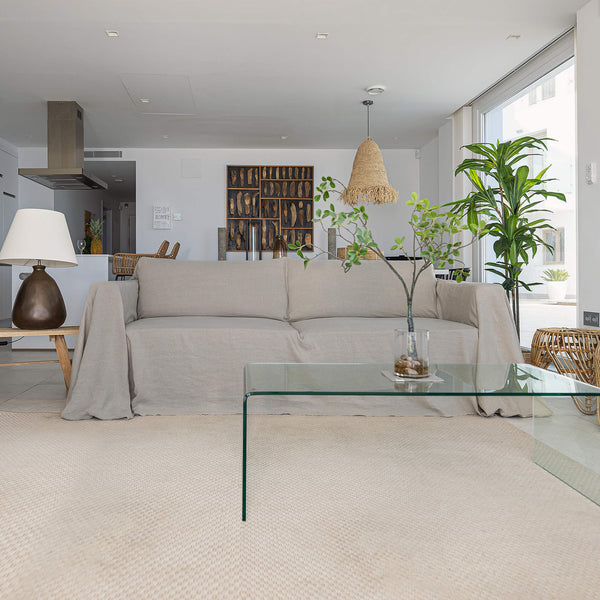 This natural linen cover enhance your decor, but it also serves as a shield against the playful antics of your beloved pets, safeguarding your couch from any potential damage.