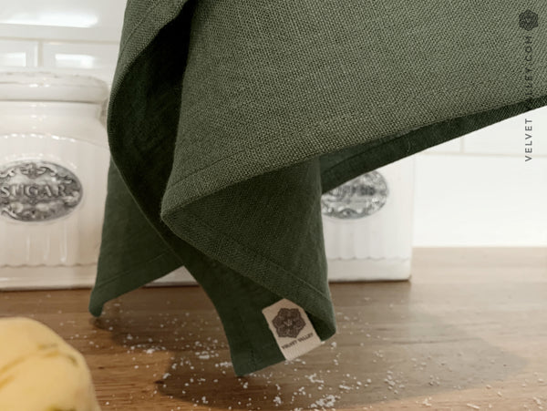 Linen moss green tea towel - Velvet Valley