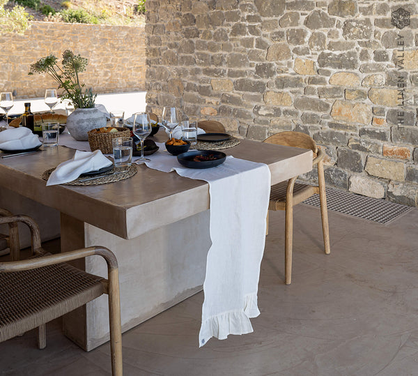 Off White Linen Table Runner with Ruffle