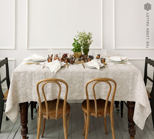 Natural Linen Floral Pattern Tablecloth