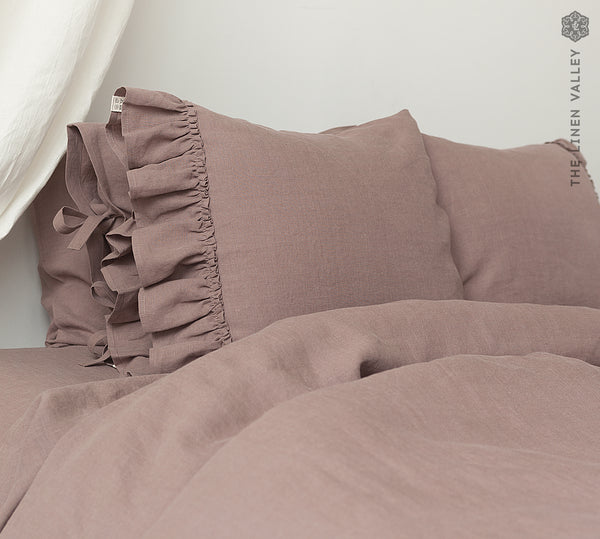Rustic Rose Linen Pillowcase with Ruffles