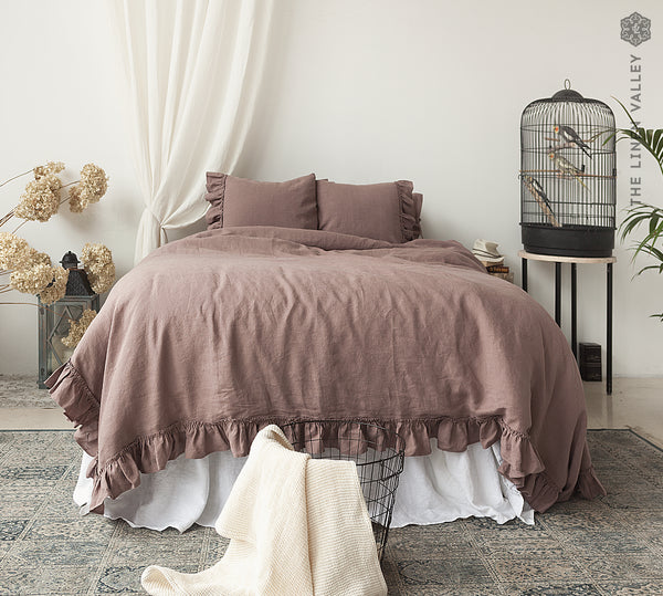 Rustic Rose Linen Pillowcase with Ruffles