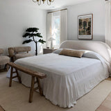 Bright white linen bedspread designed to infuse your bed with an extra touch of uniqueness, coziness and charm. Draped elegantly over your bed as a bedspread or wrapped snugly around you on chilly nights, it's versatile enough to suit your needs.